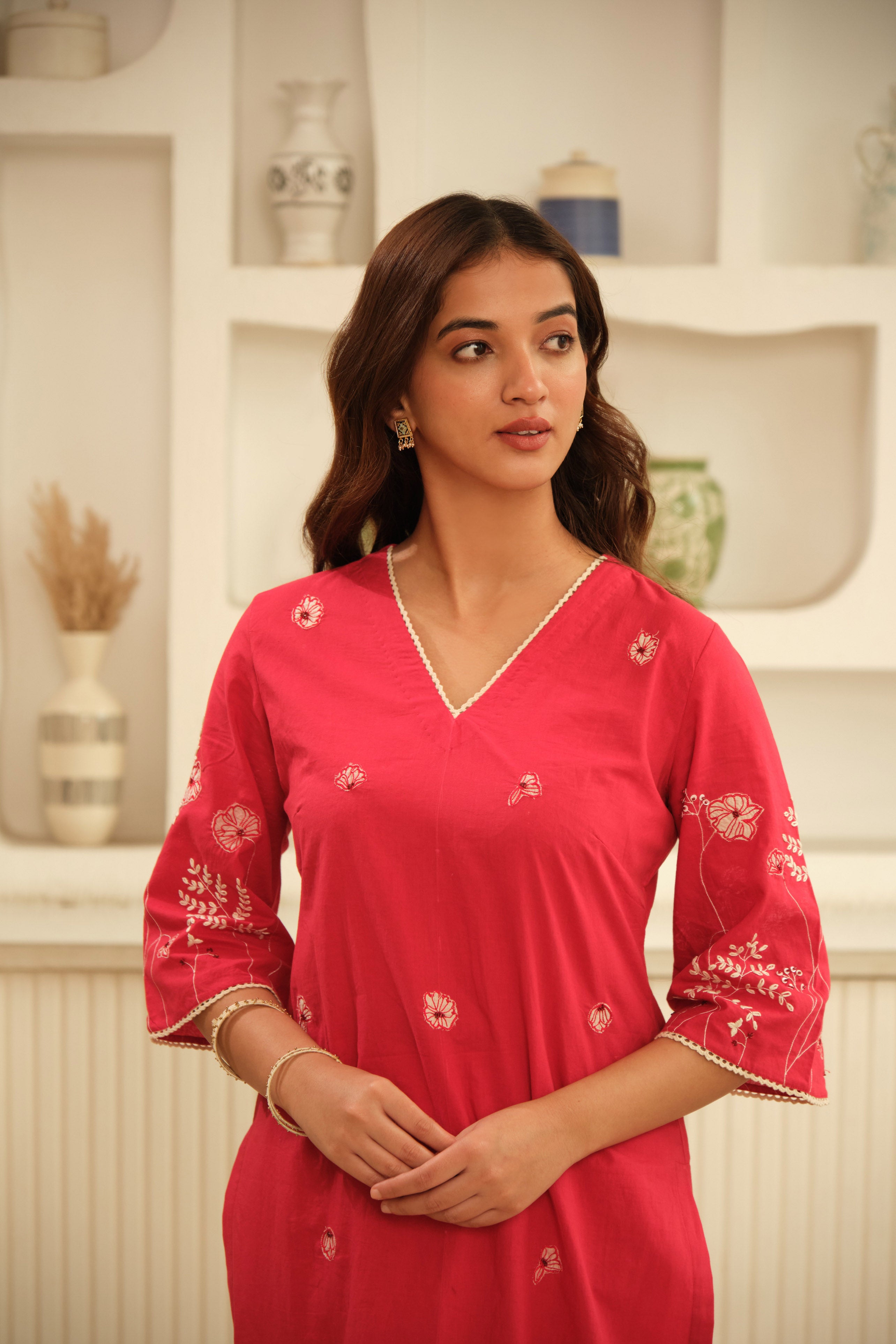Red Hand Embrodiery with Lace details cotton kurta set