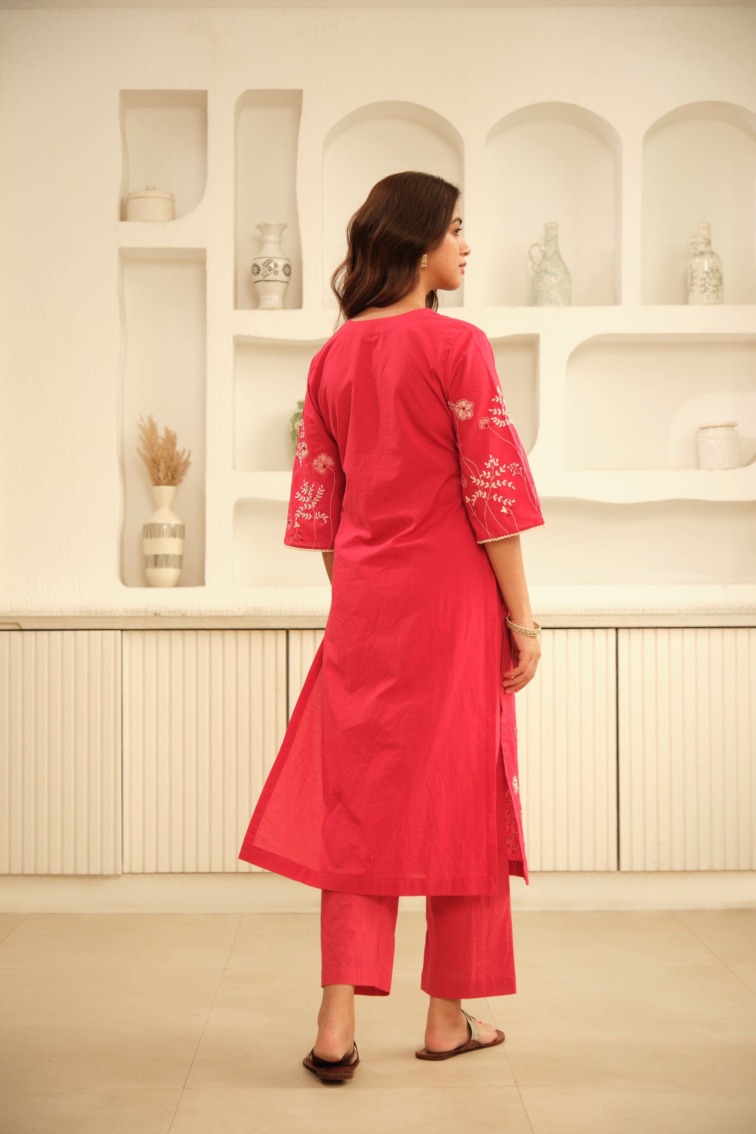 Red Hand Embrodiery with Lace details cotton kurta set