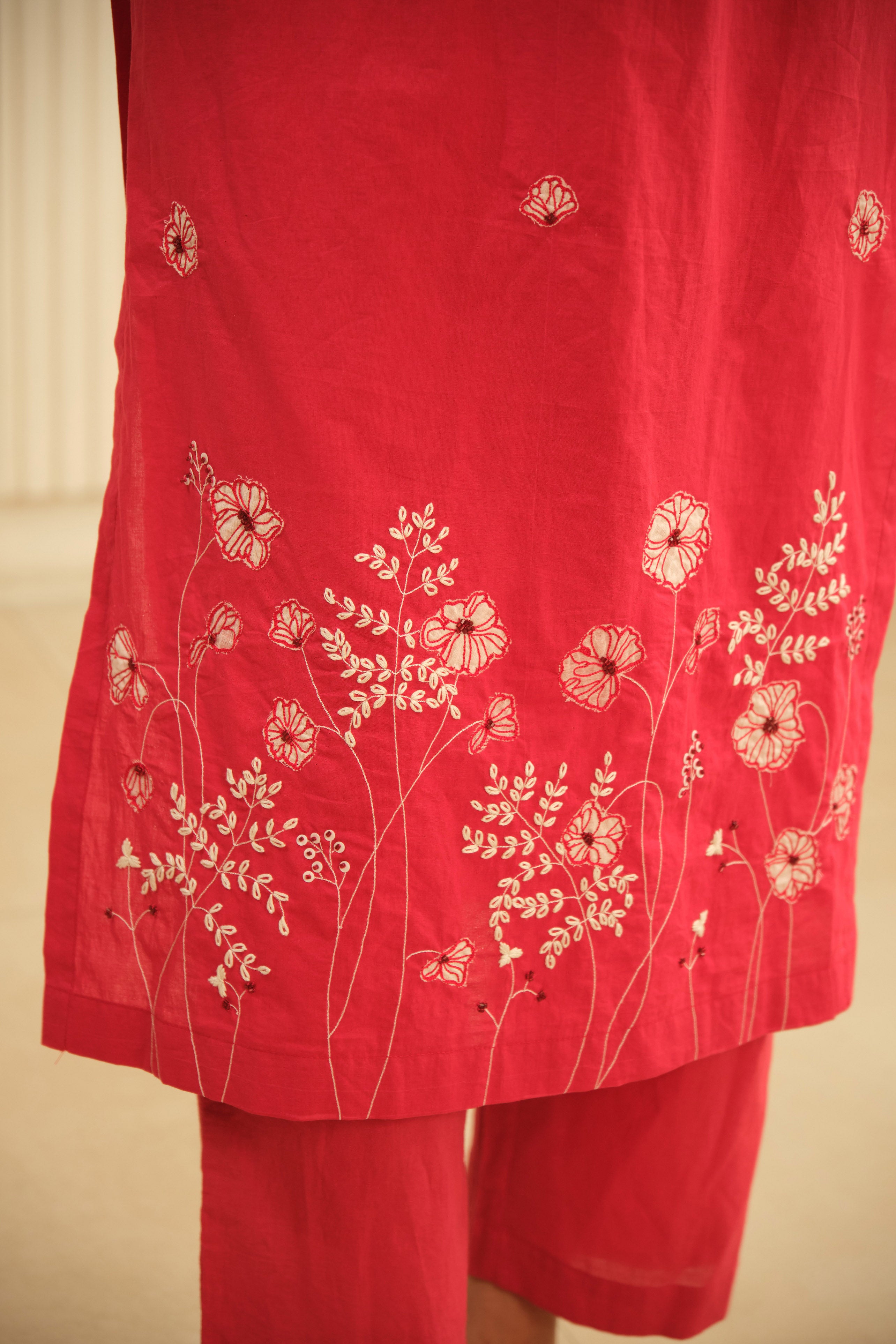 Red Hand Embrodiery with Lace details cotton kurta set