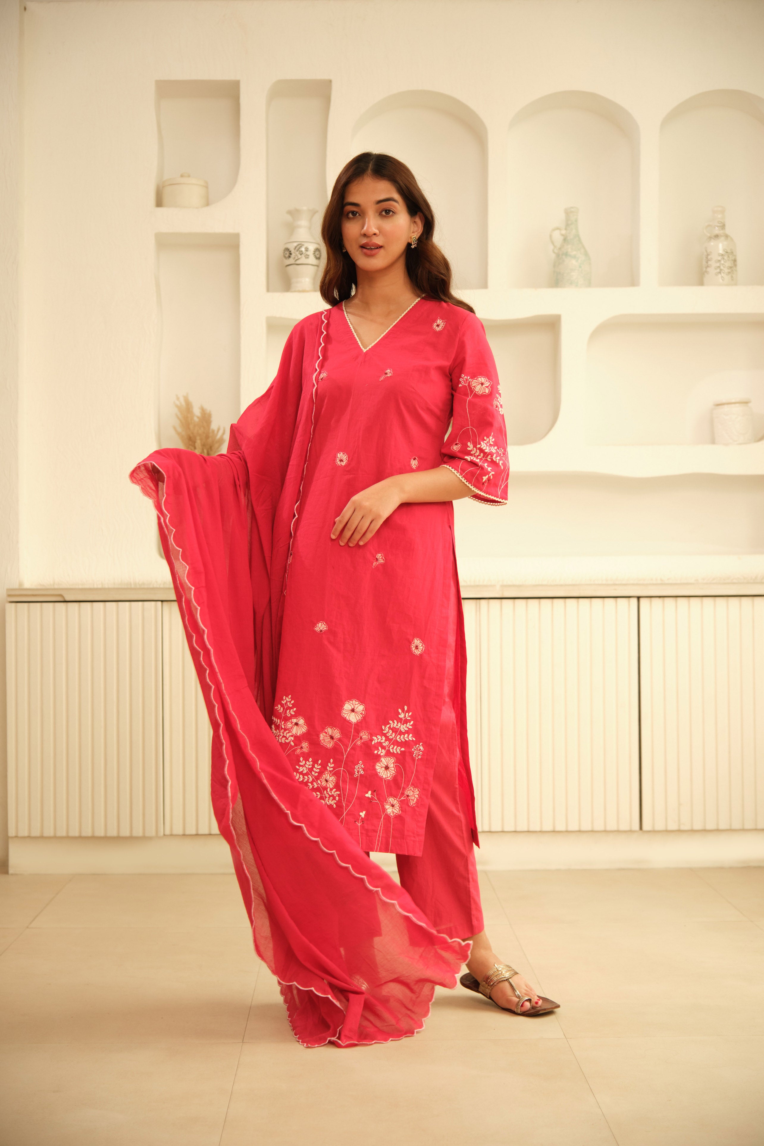 Red Hand Embrodiery with Lace details cotton kurta set