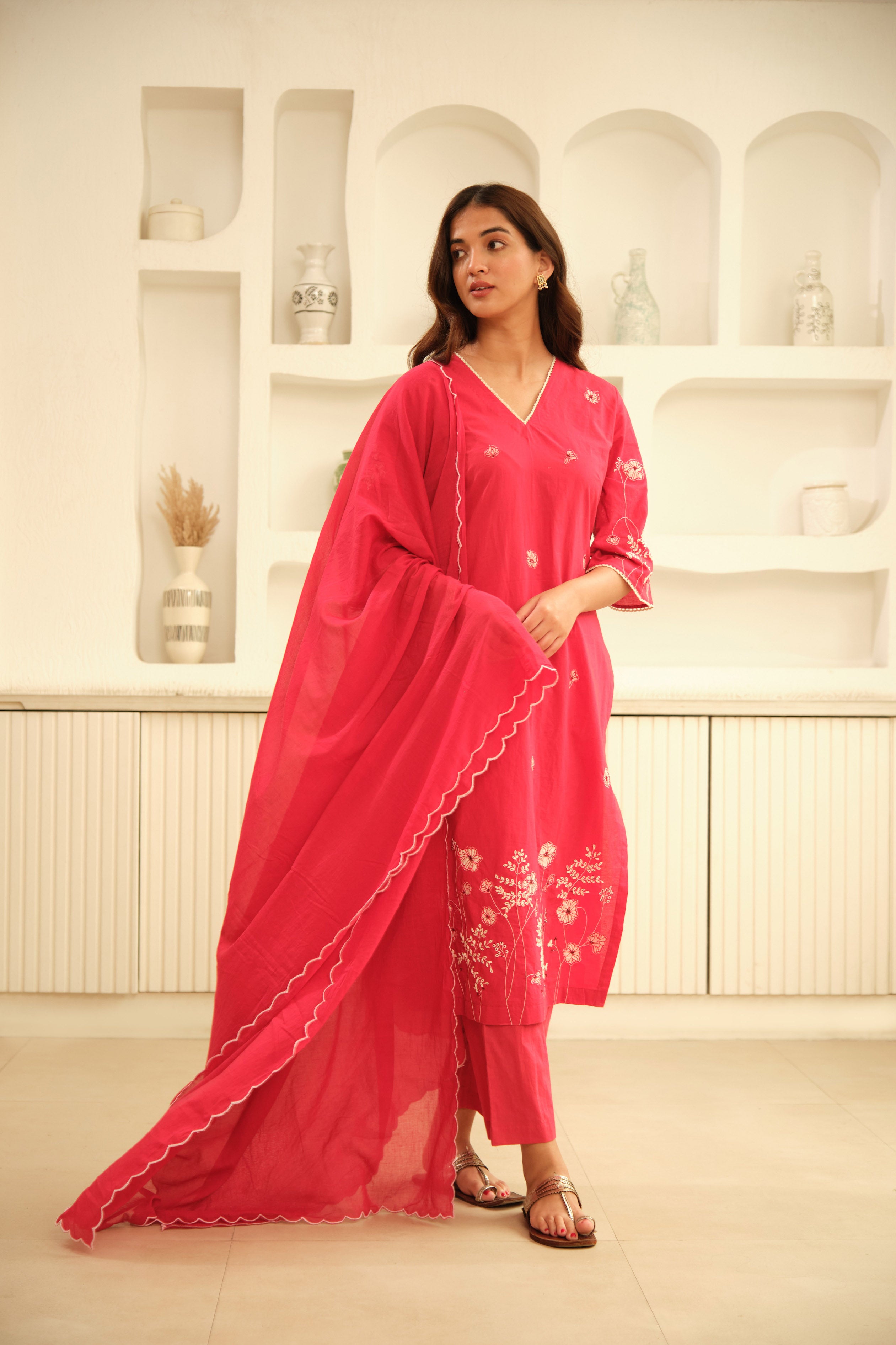 Red Hand Embrodiery with Lace details cotton kurta set