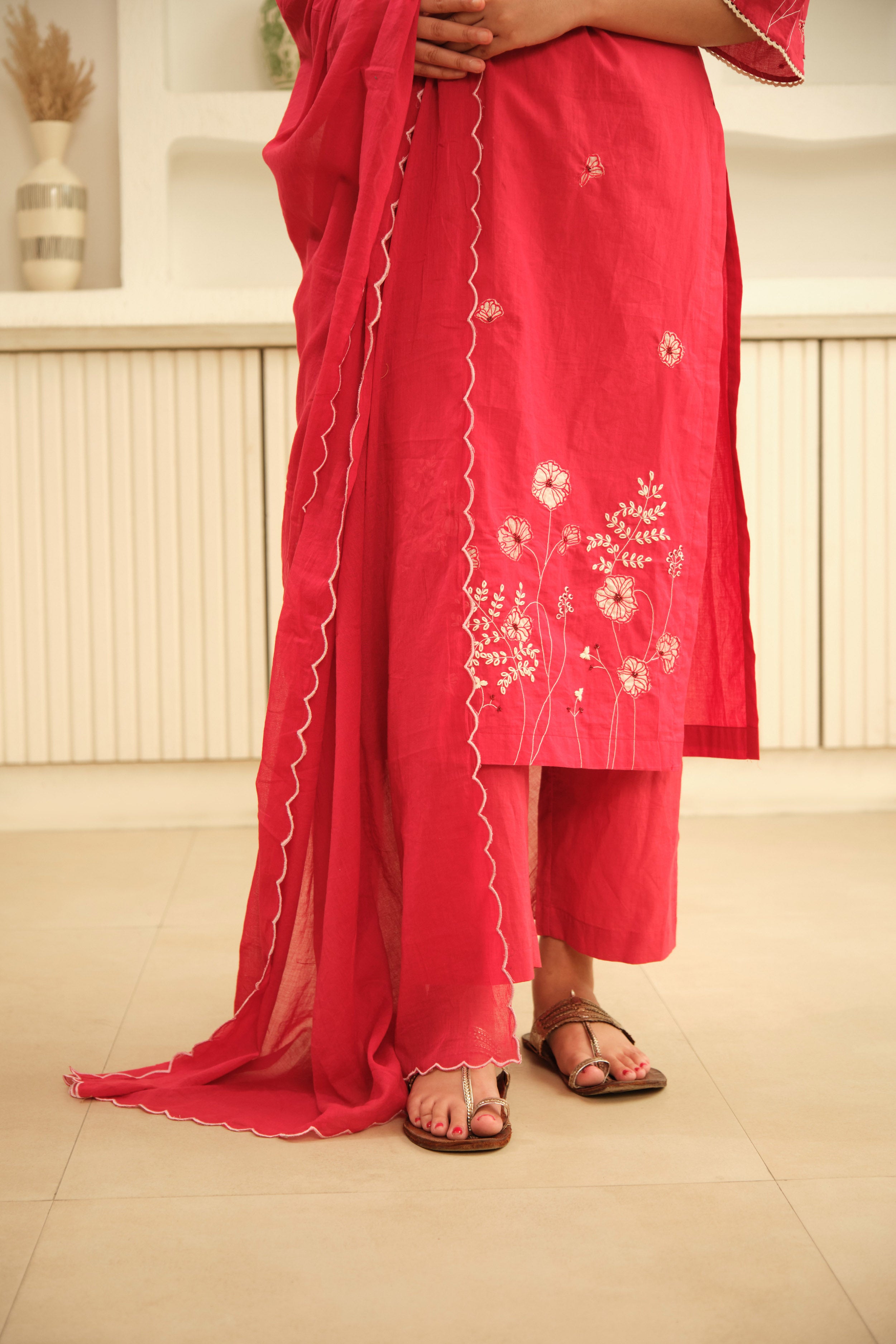Red Hand Embrodiery with Lace details cotton kurta set