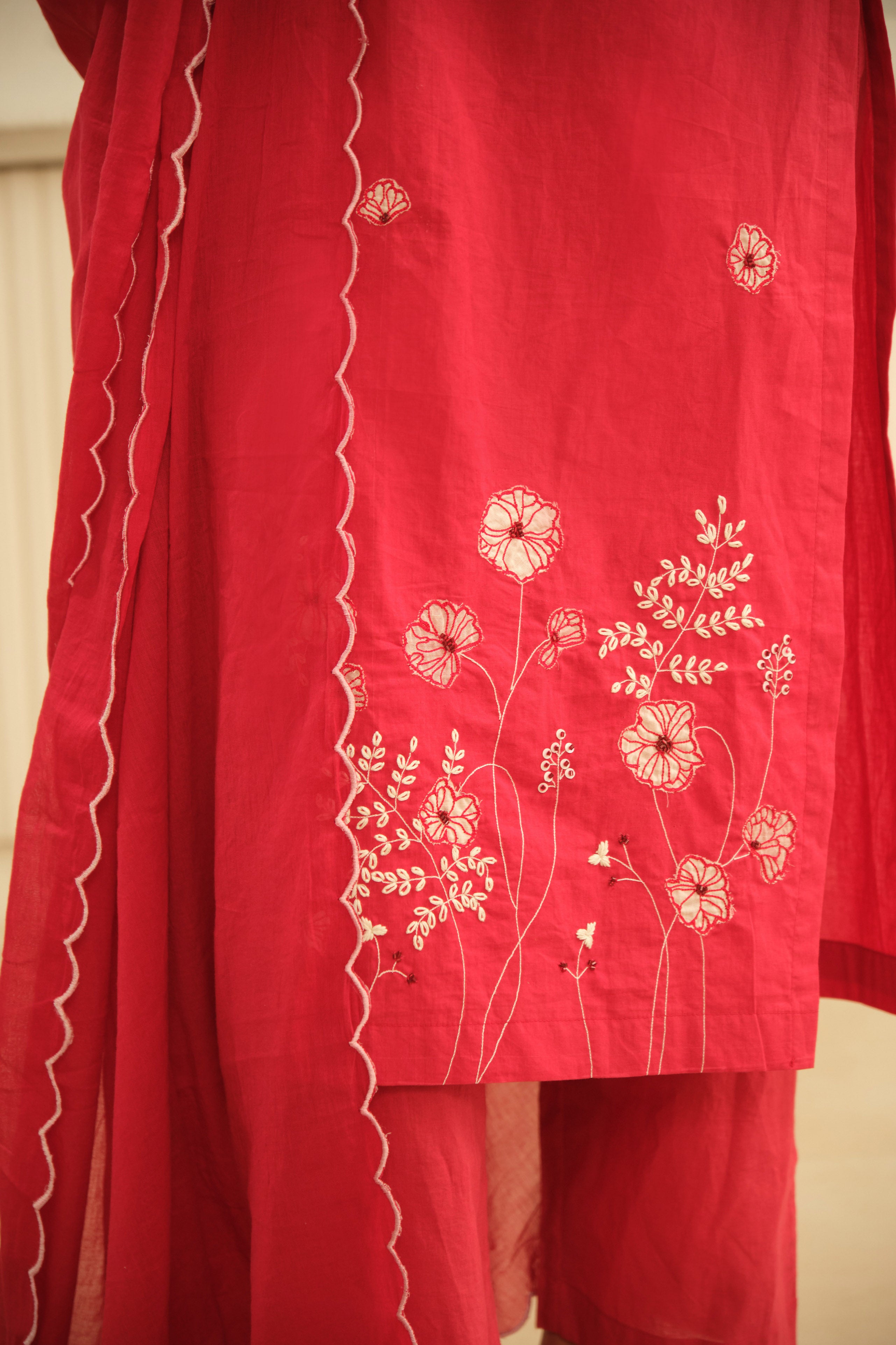 Red Hand Embrodiery with Lace details cotton kurta set