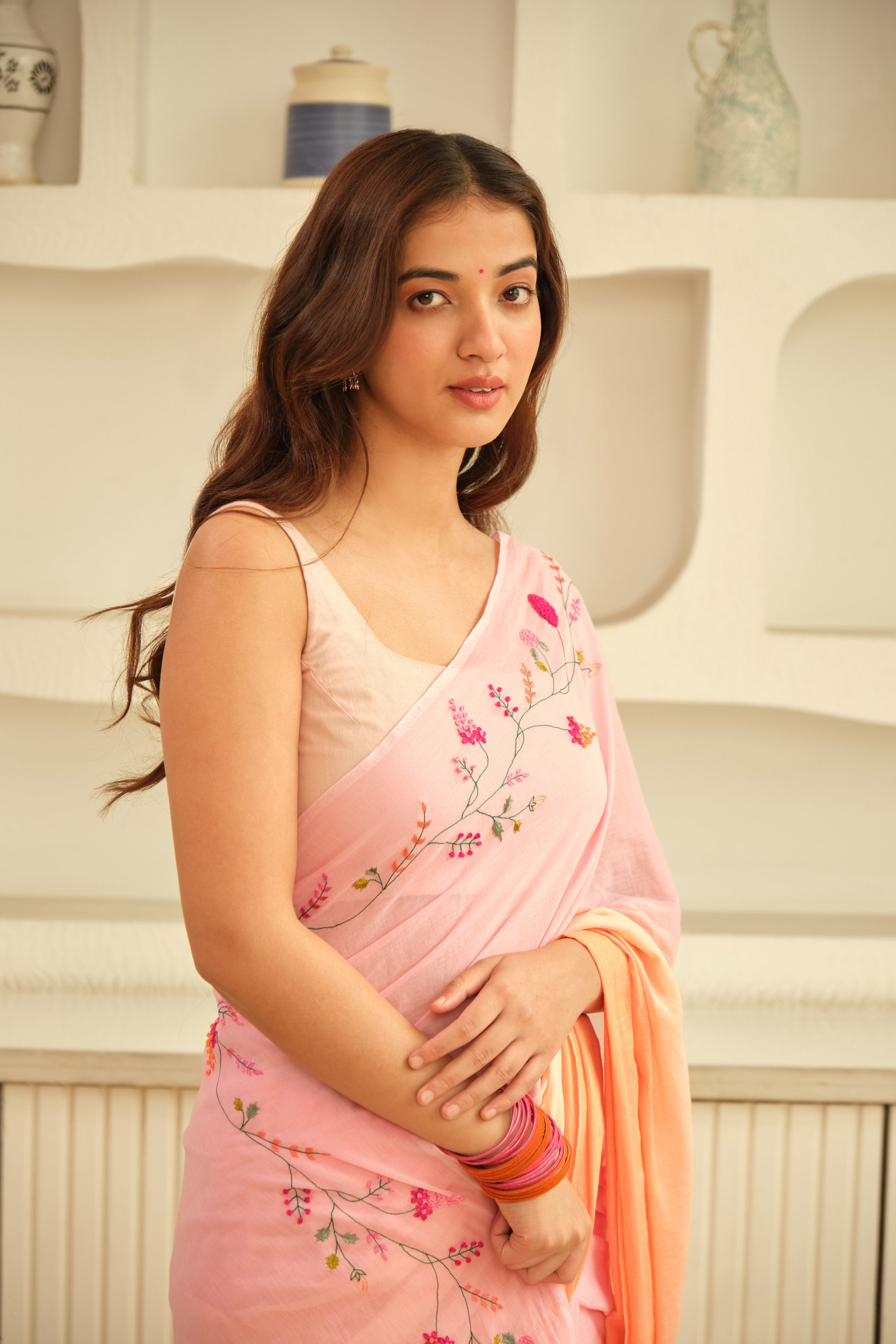 Pink & Orange Ombre Hand Embroidered Cotton Sari
