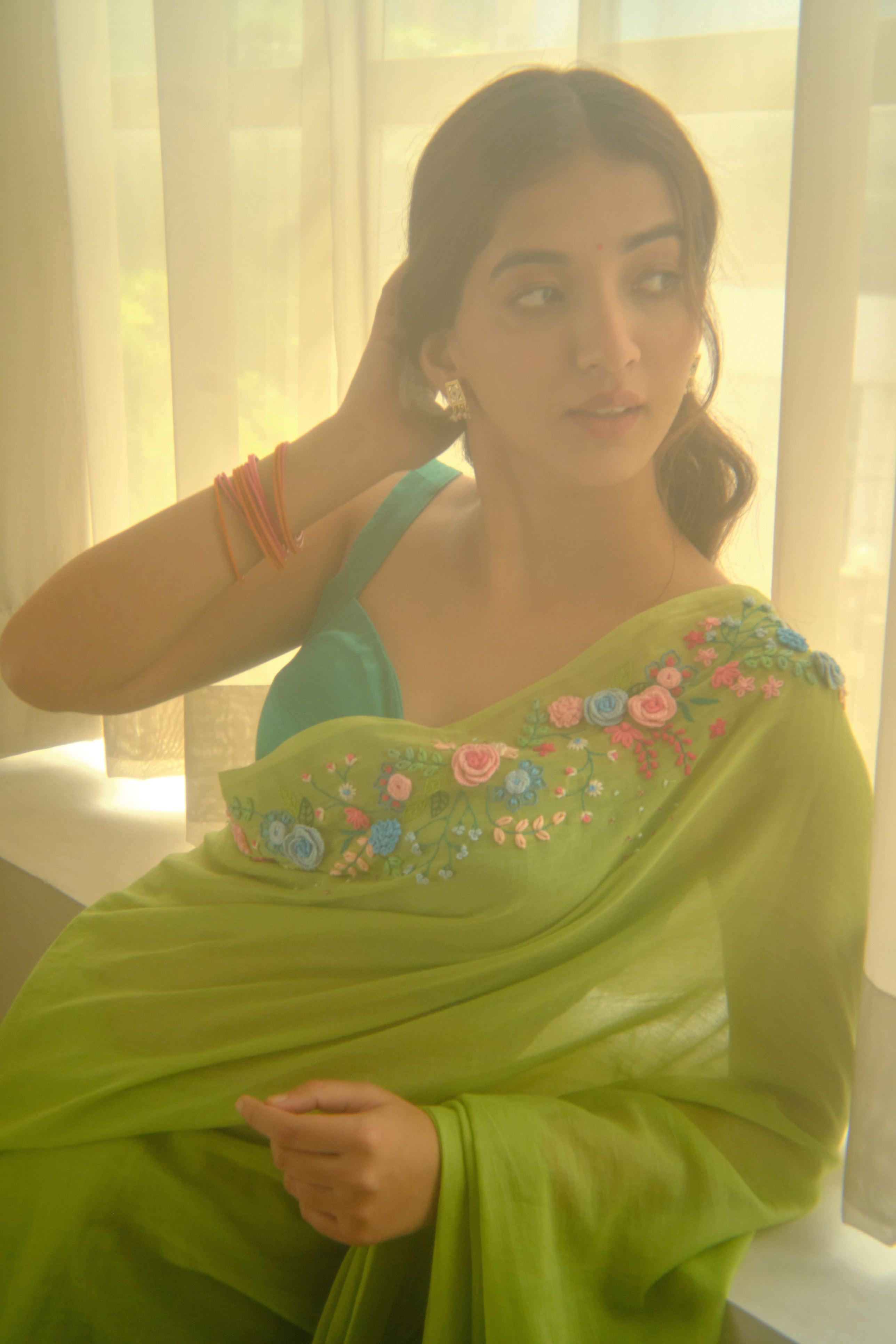 Green Crochet Floral Hand Embroidered Cotton Sari