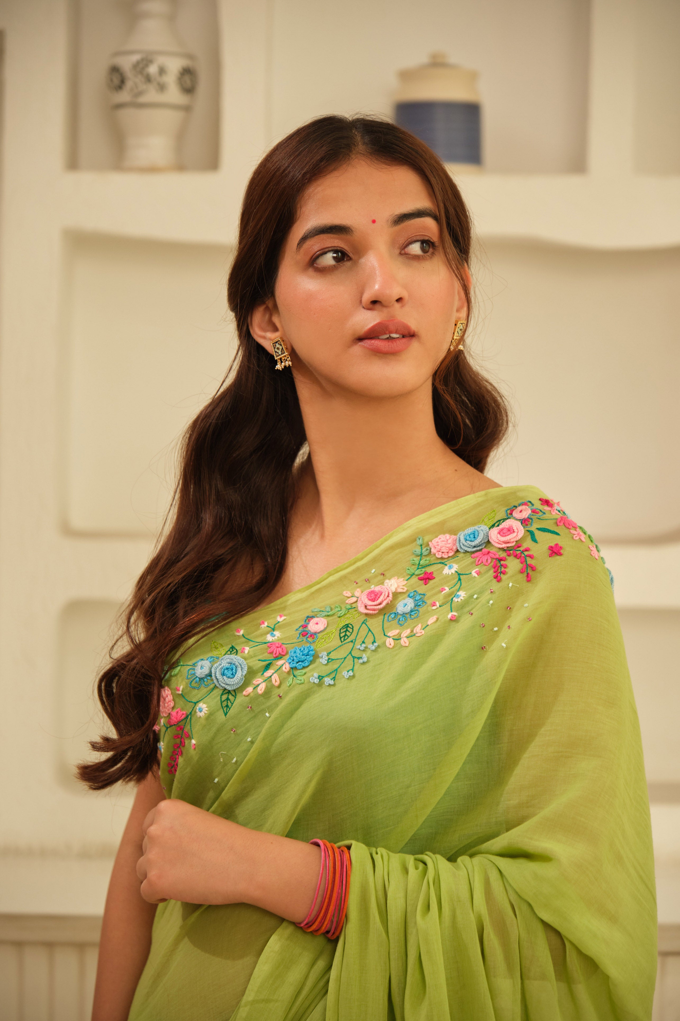 Green Crochet Floral Hand Embroidered Cotton Sari