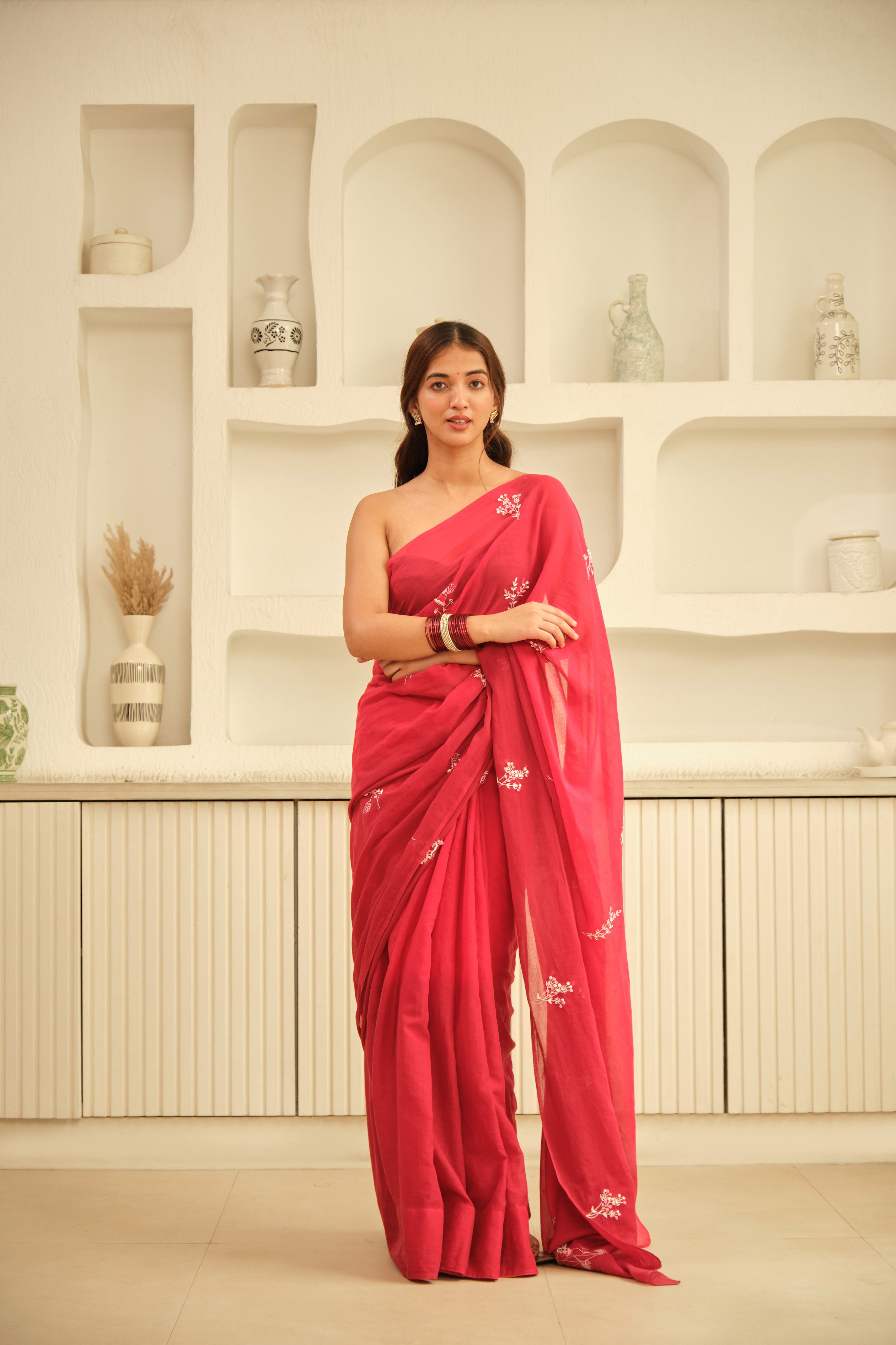 Red Floral Hand Embroidered Cotton Sari