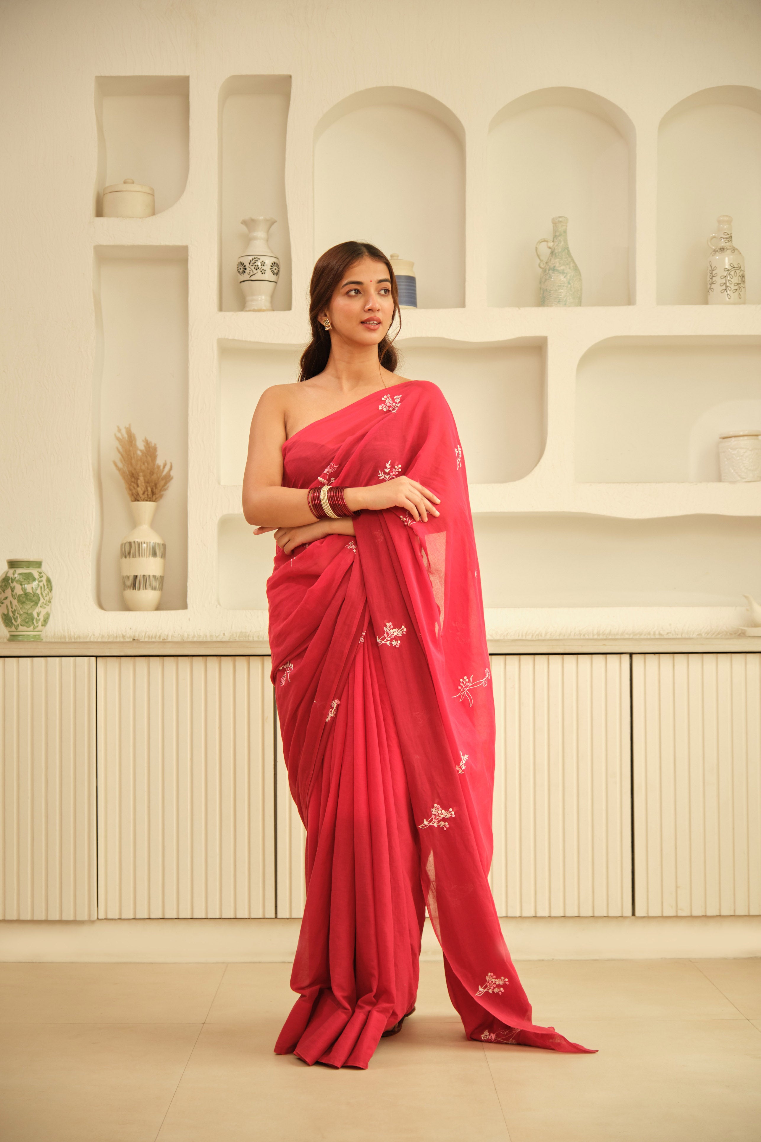 Red Floral Hand Embroidered Cotton Sari