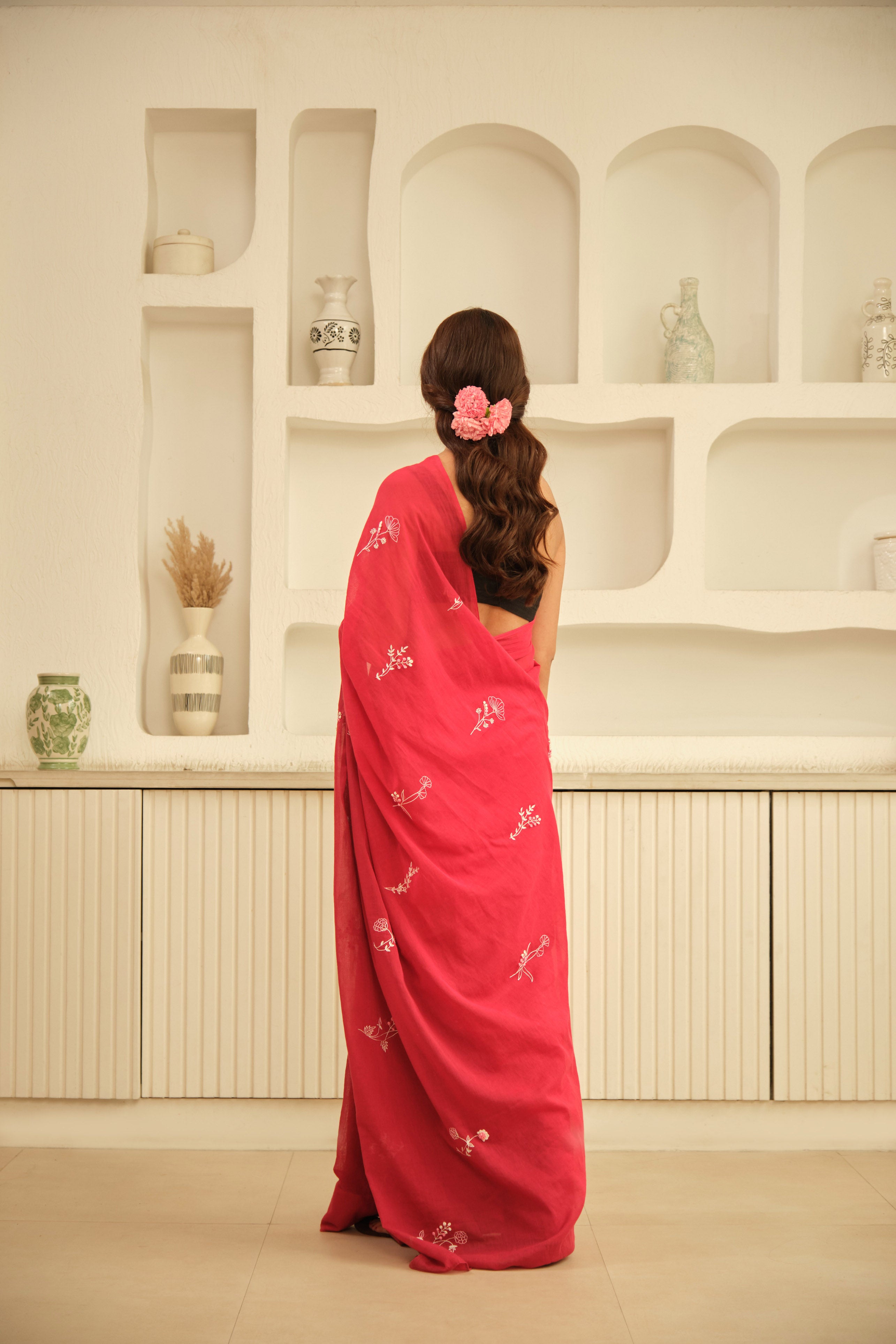 Red Floral Hand Embroidered Cotton Sari