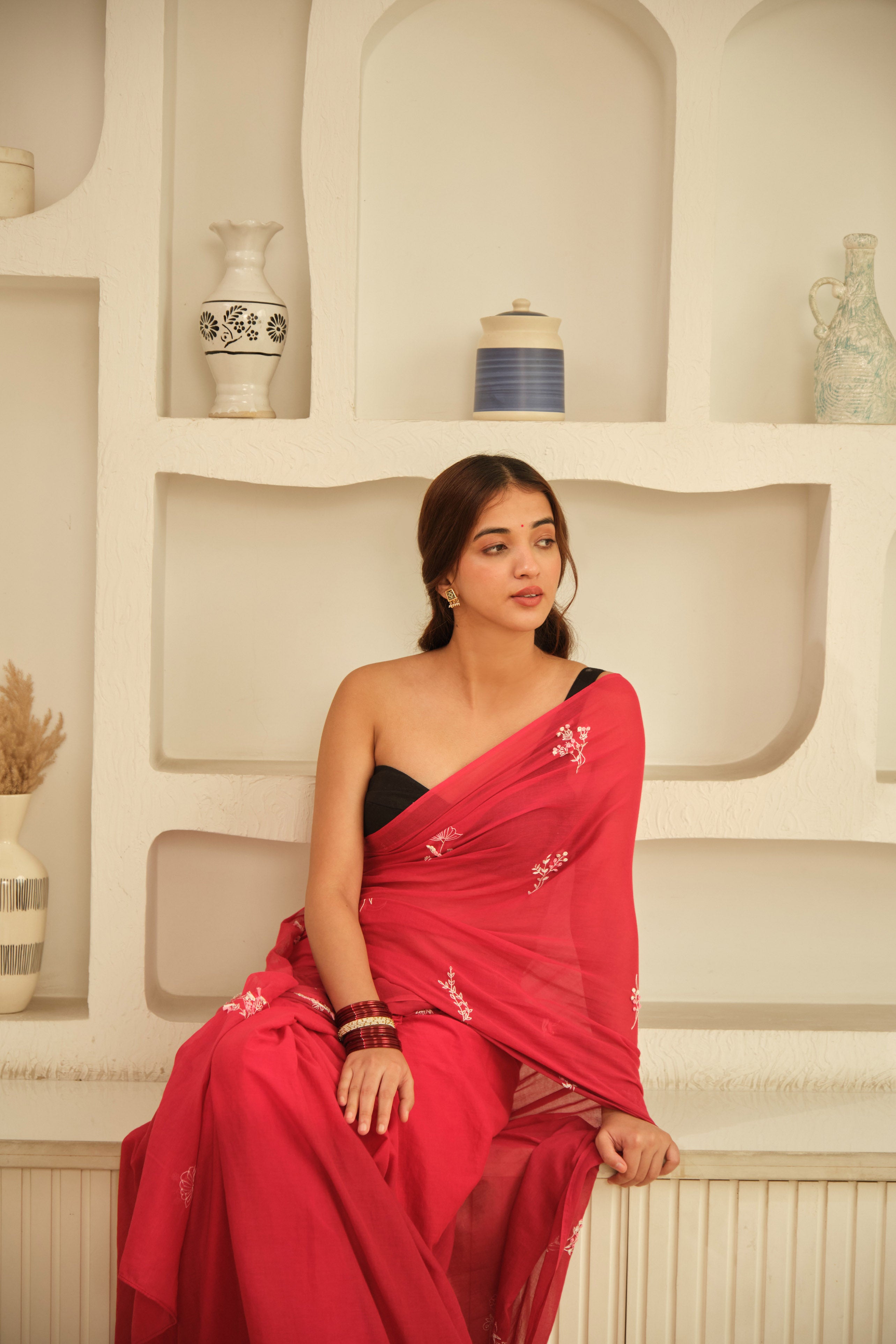 Red Floral Hand Embroidered Cotton Sari