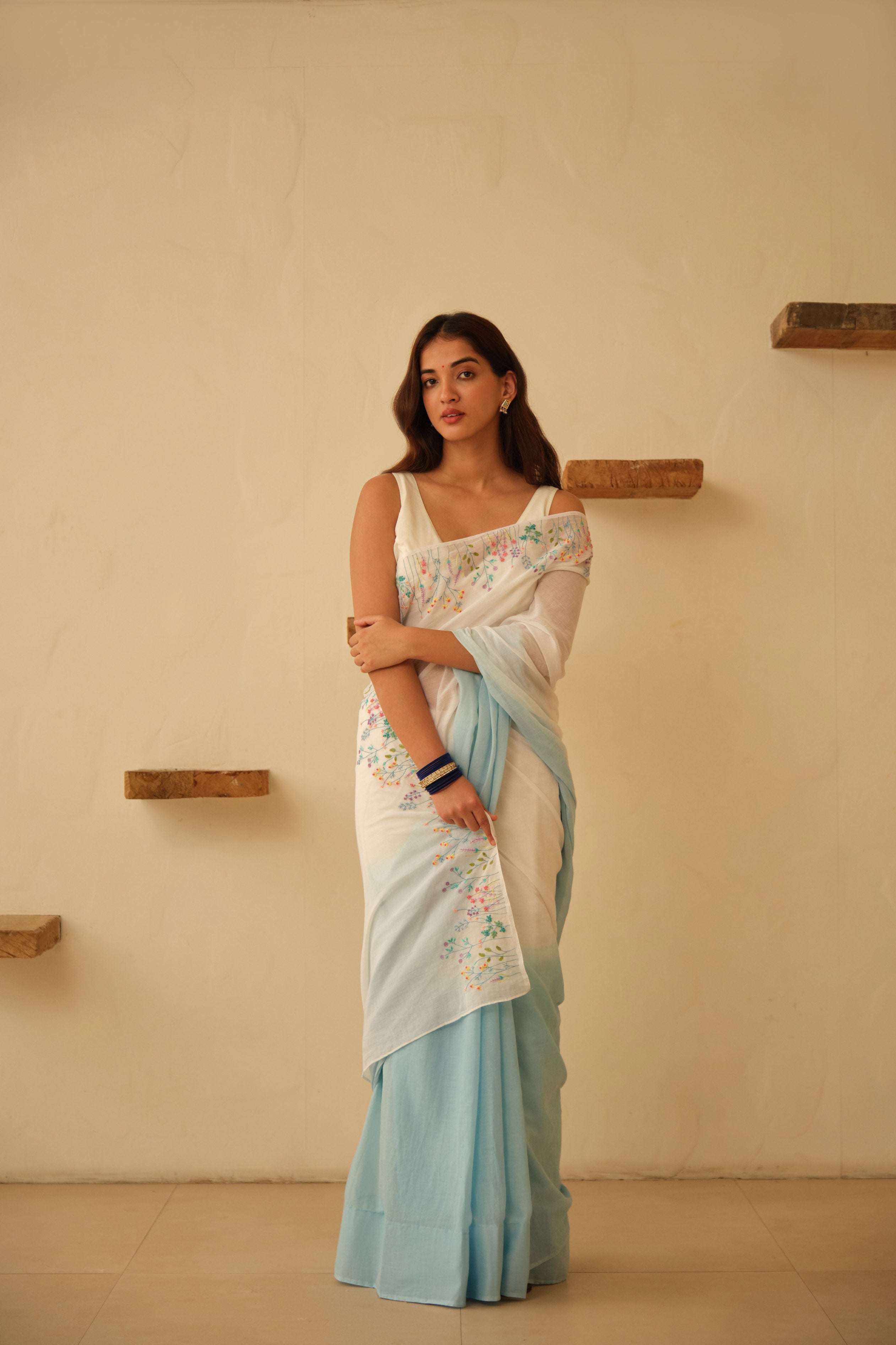 White & Blue Ombre Floral Hand Embroidered Cotton Sari