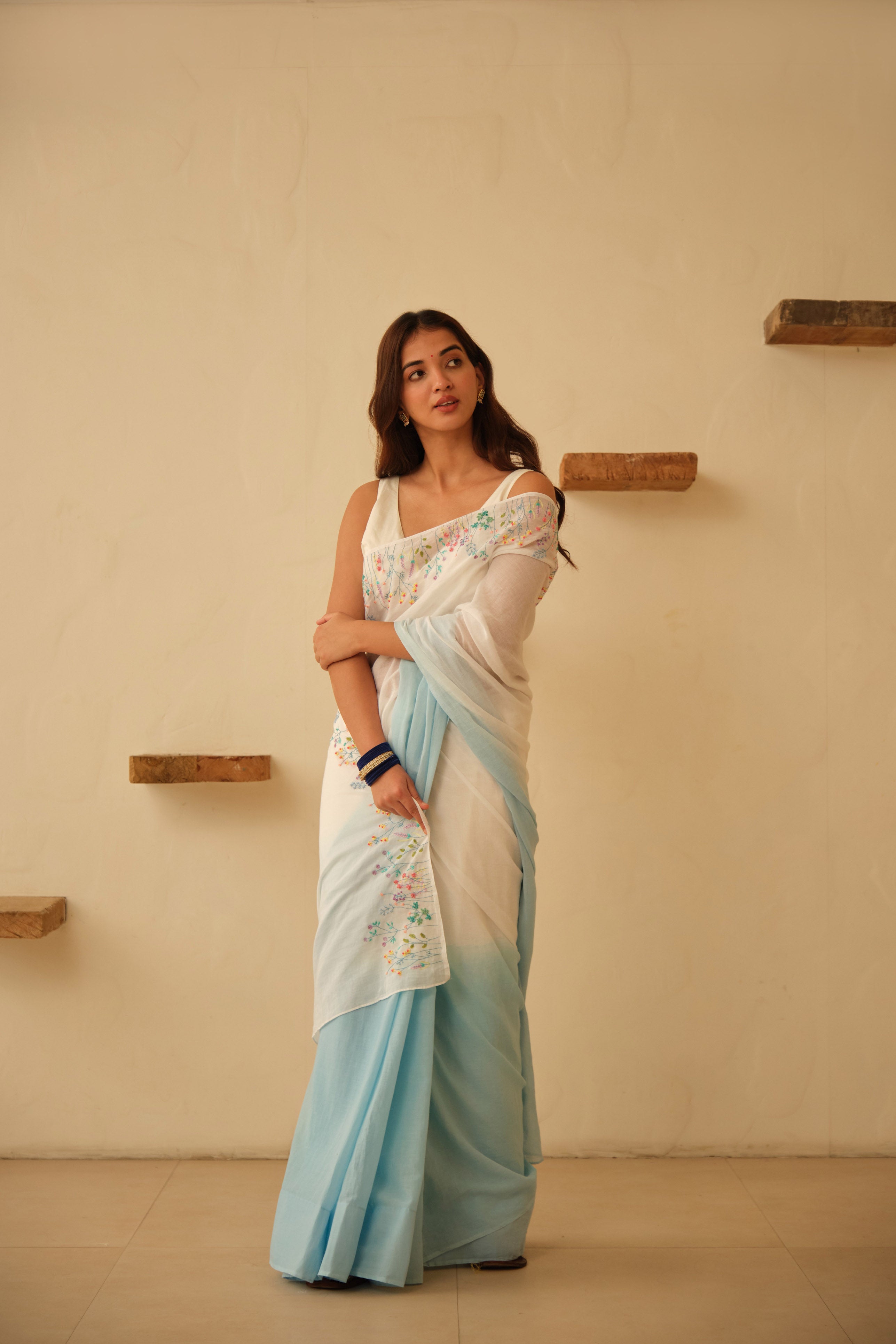 White & Blue Ombre Floral Hand Embroidered Cotton Sari