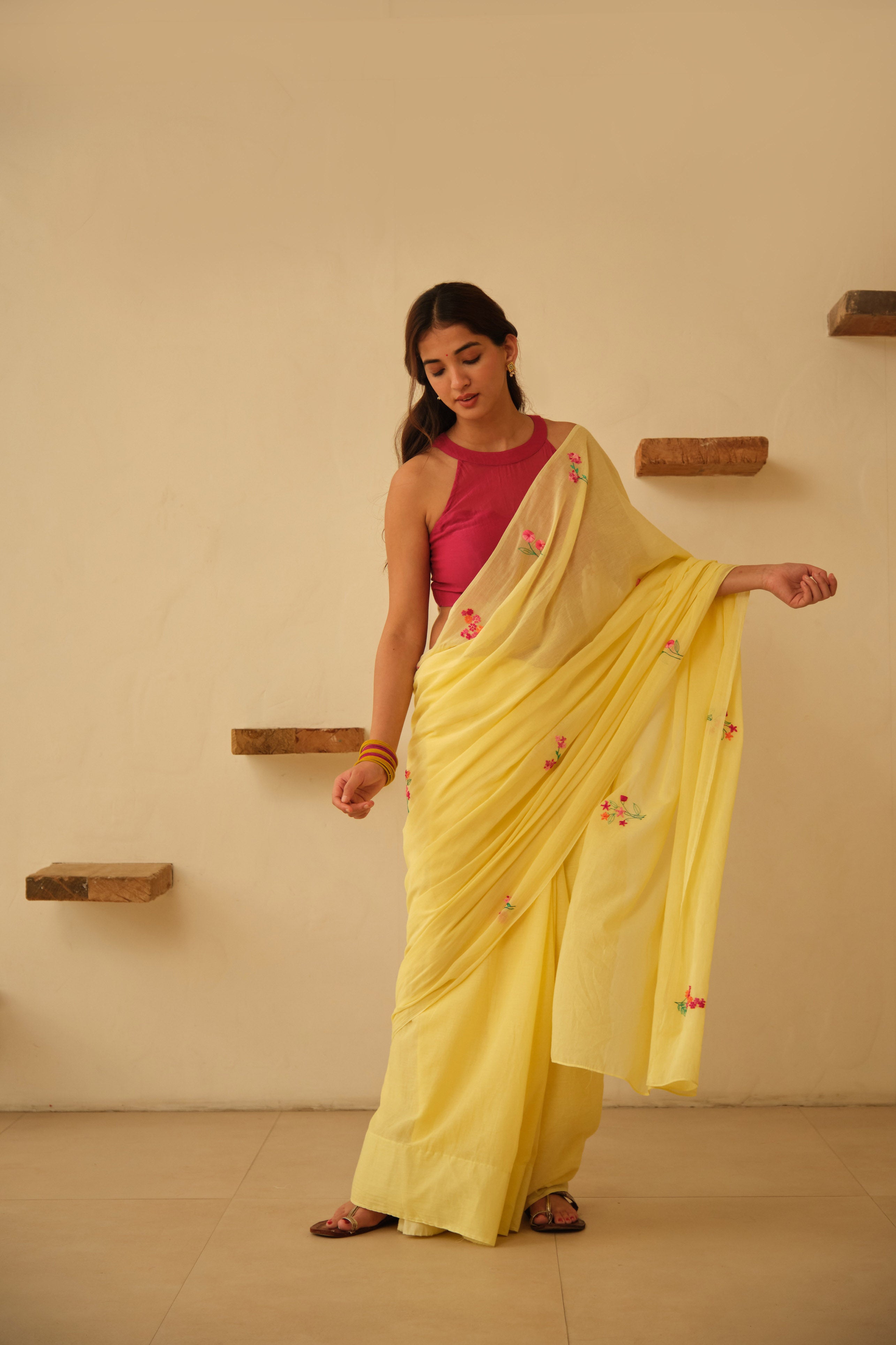 Yellow Floral Hand Embroidered Cotton Sari