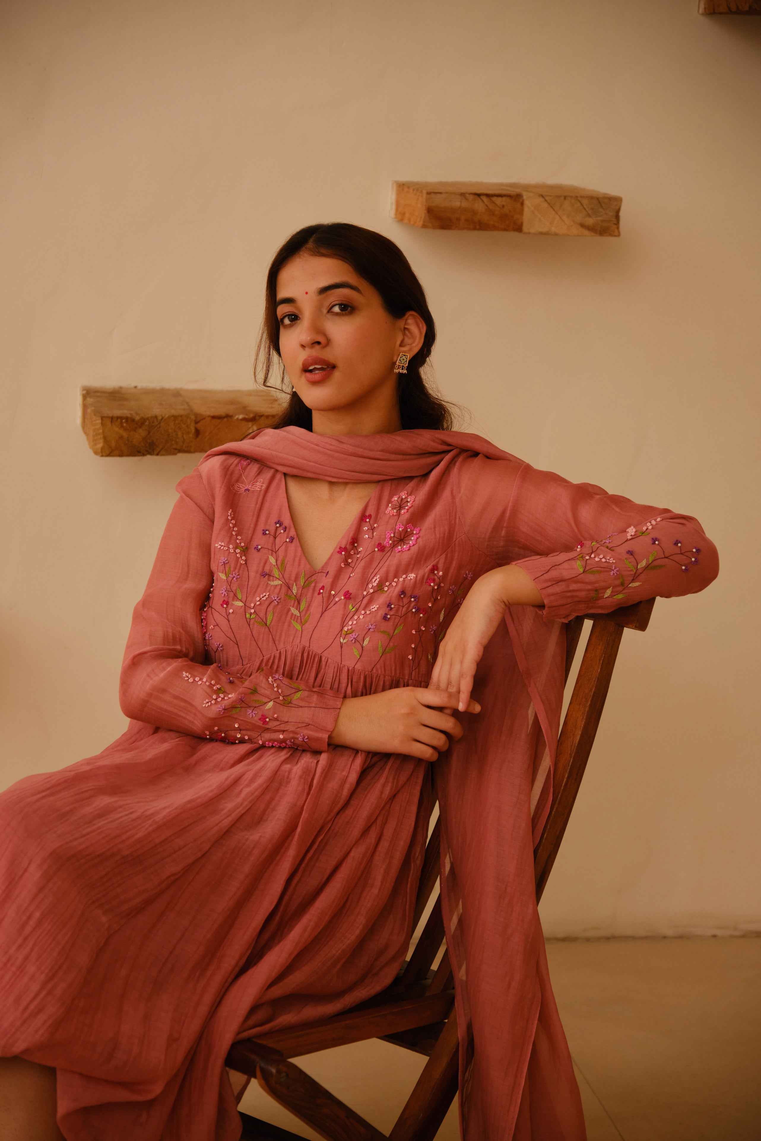 Mauve Hand Embroidered Chanderi Dupatta