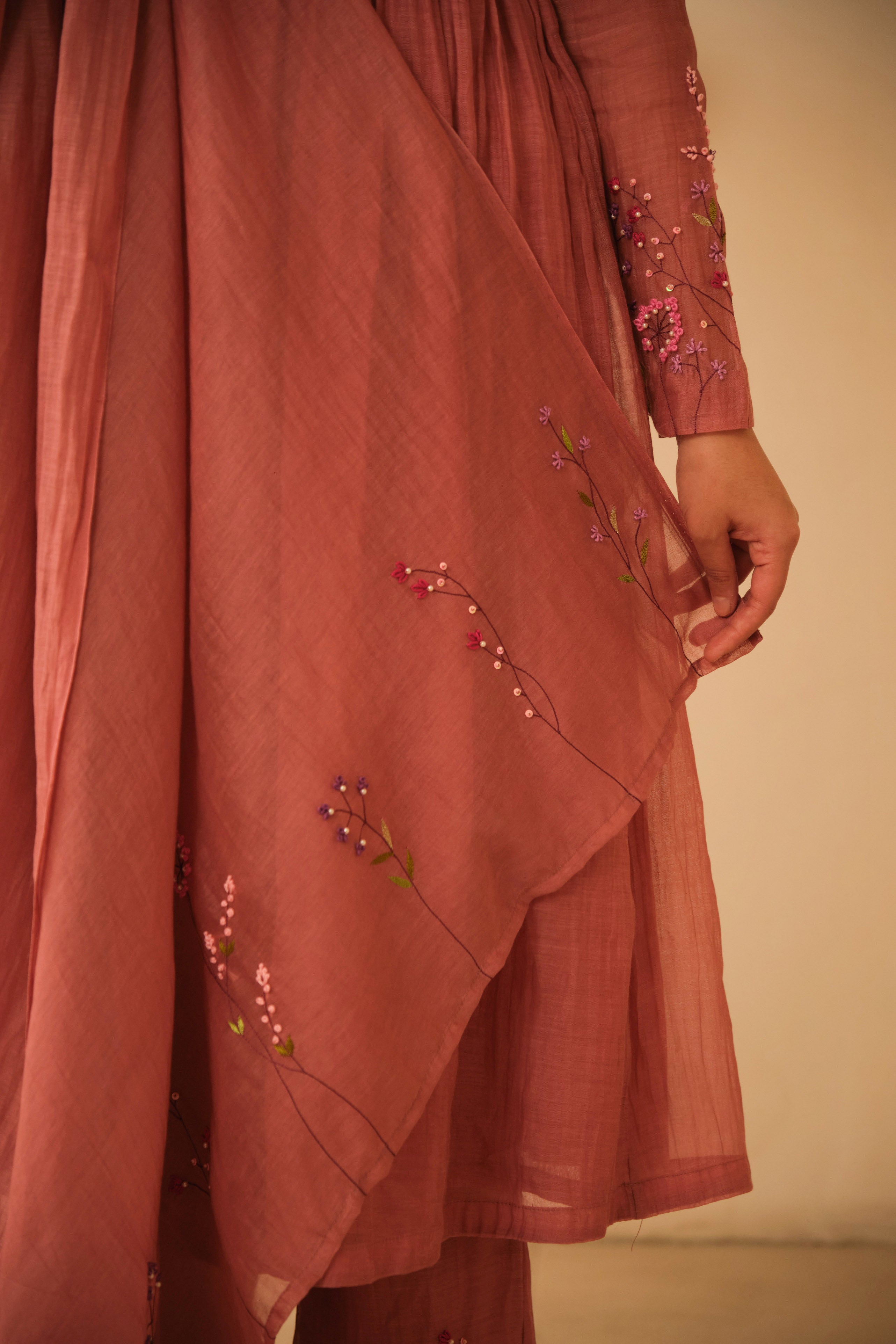 Mauve Hand Embroidered Chanderi Dupatta