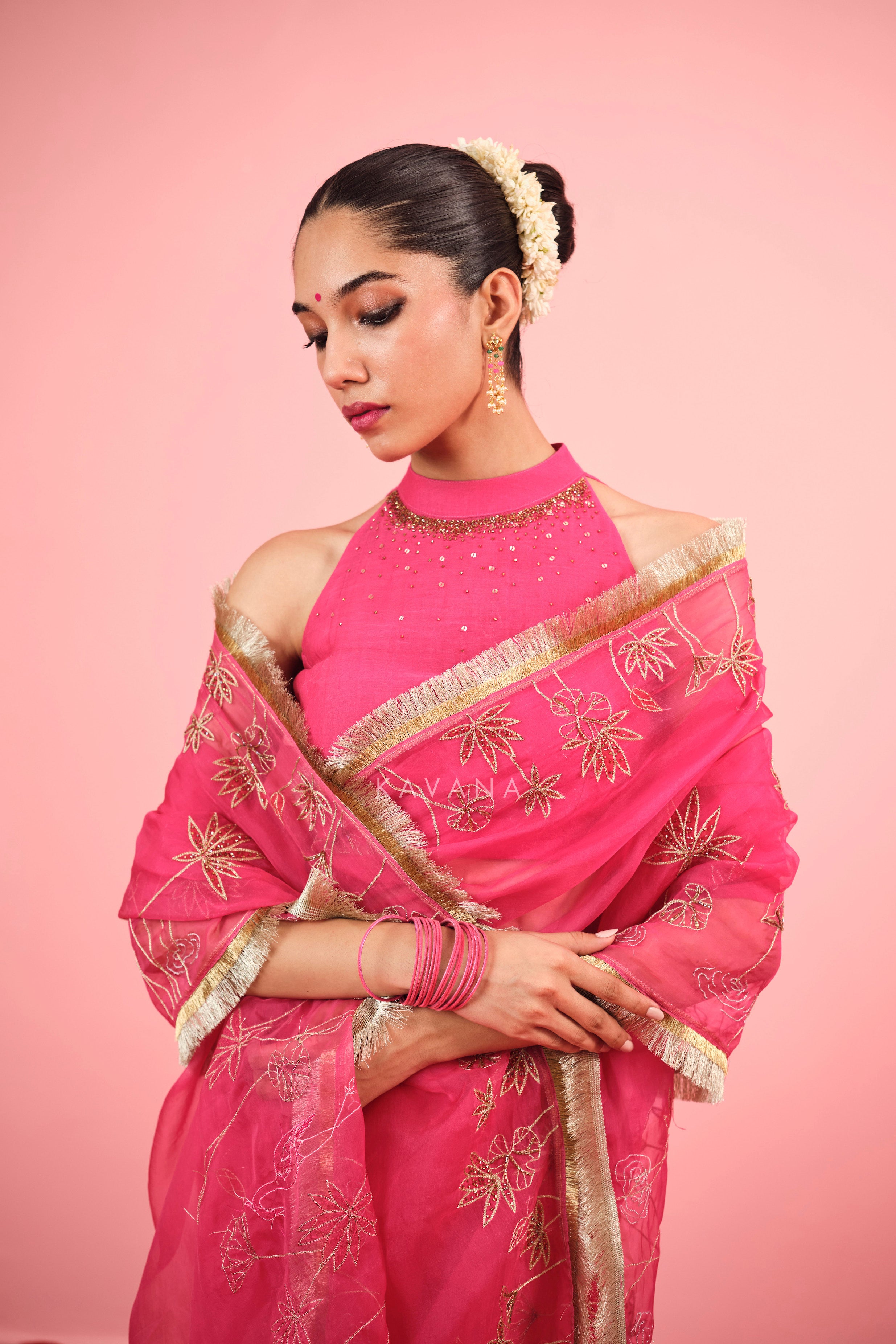 Pink Flamingo Silk Organza Sari