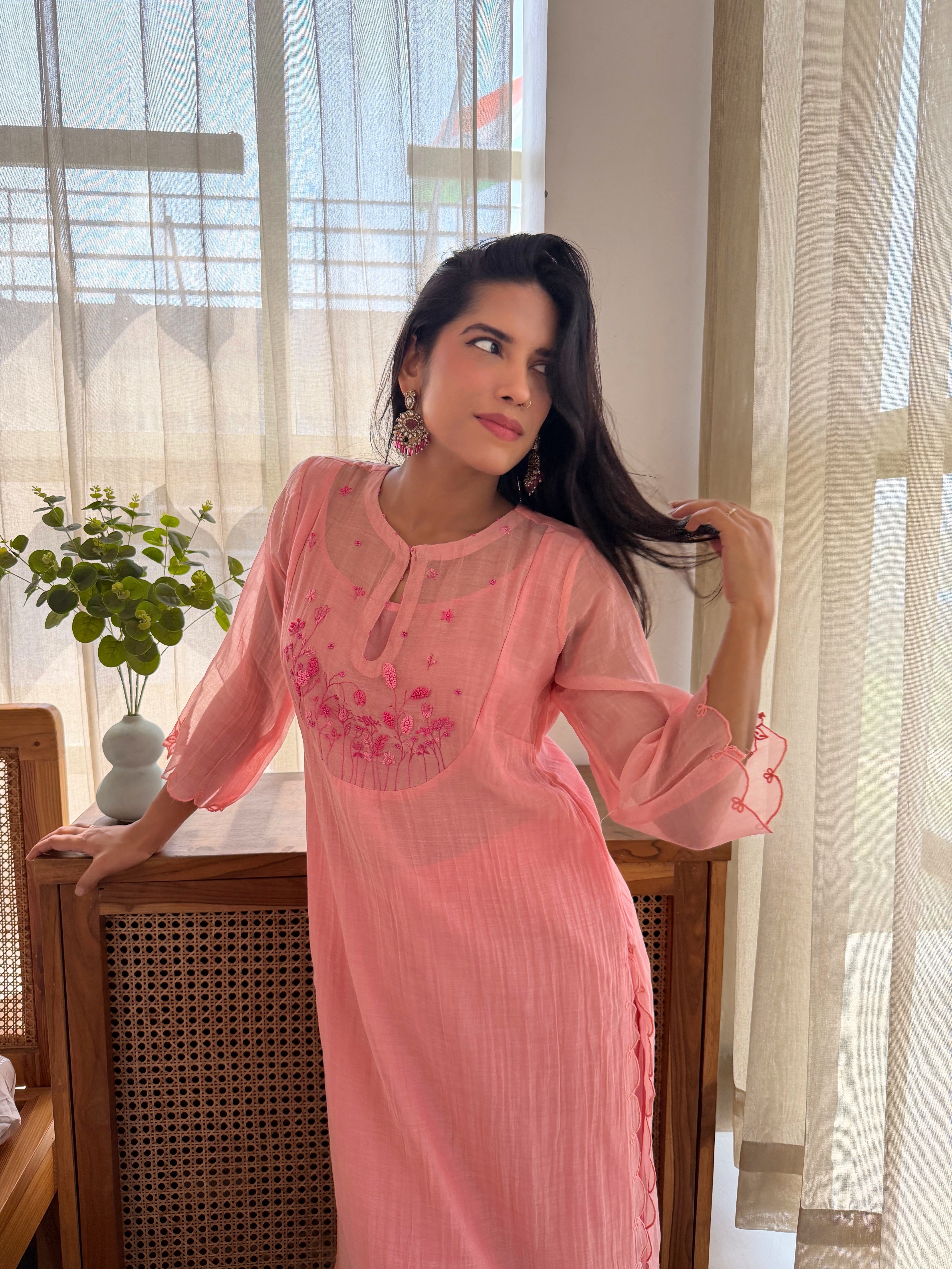 Peach MIshri Chanderi Kurta Set