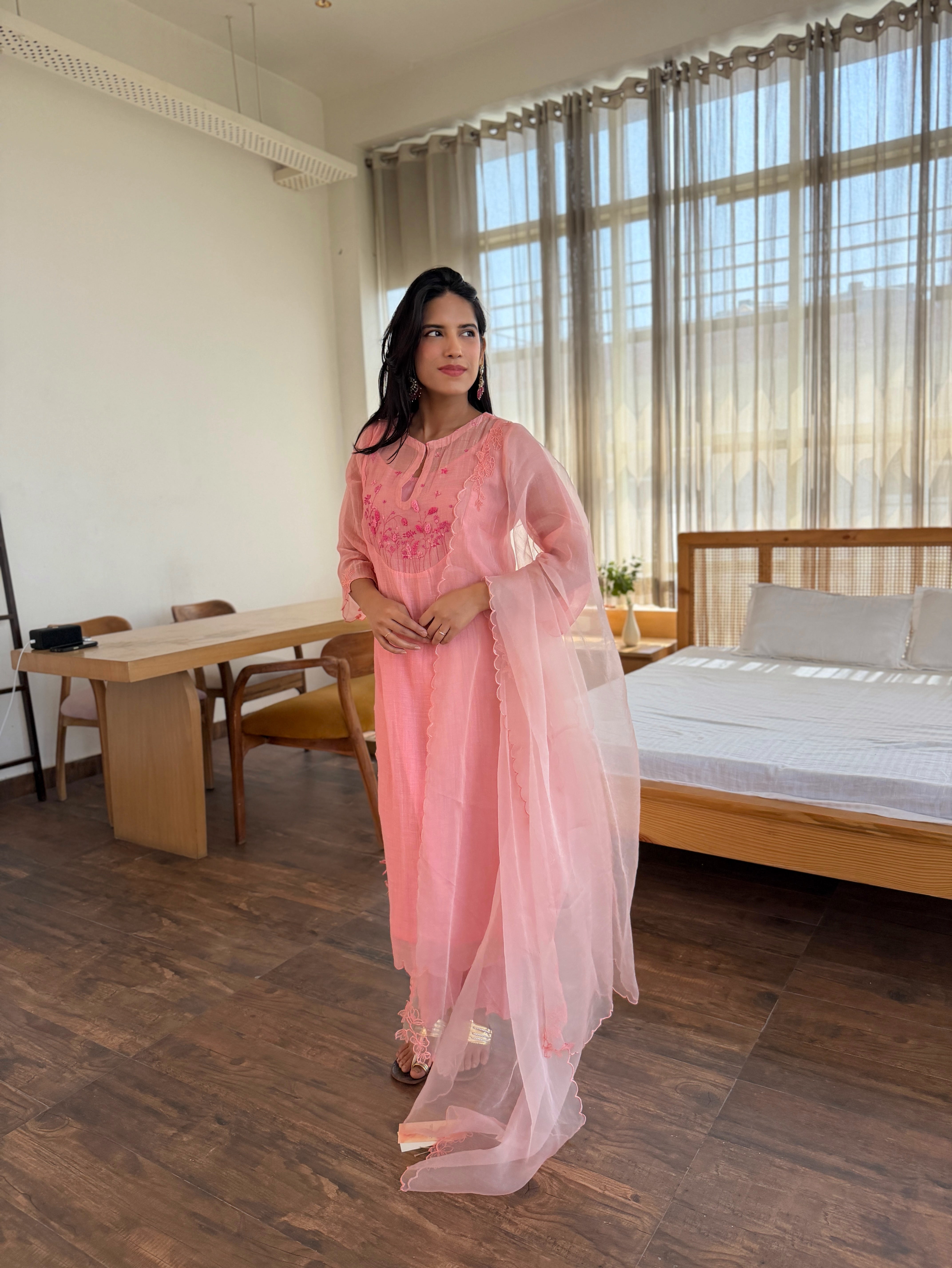 Peach MIshri Chanderi Kurta Set