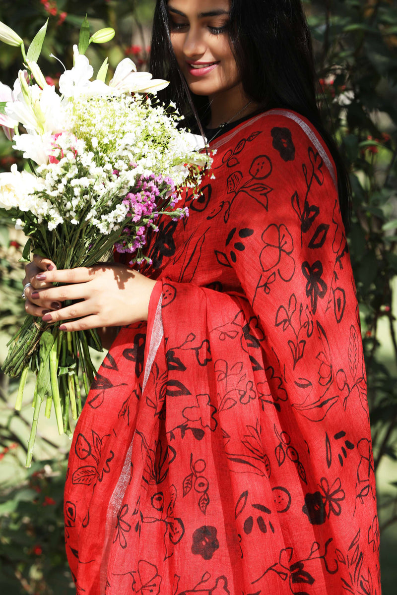 Gulmohar I Handpainted Linen Sari - kavana.in