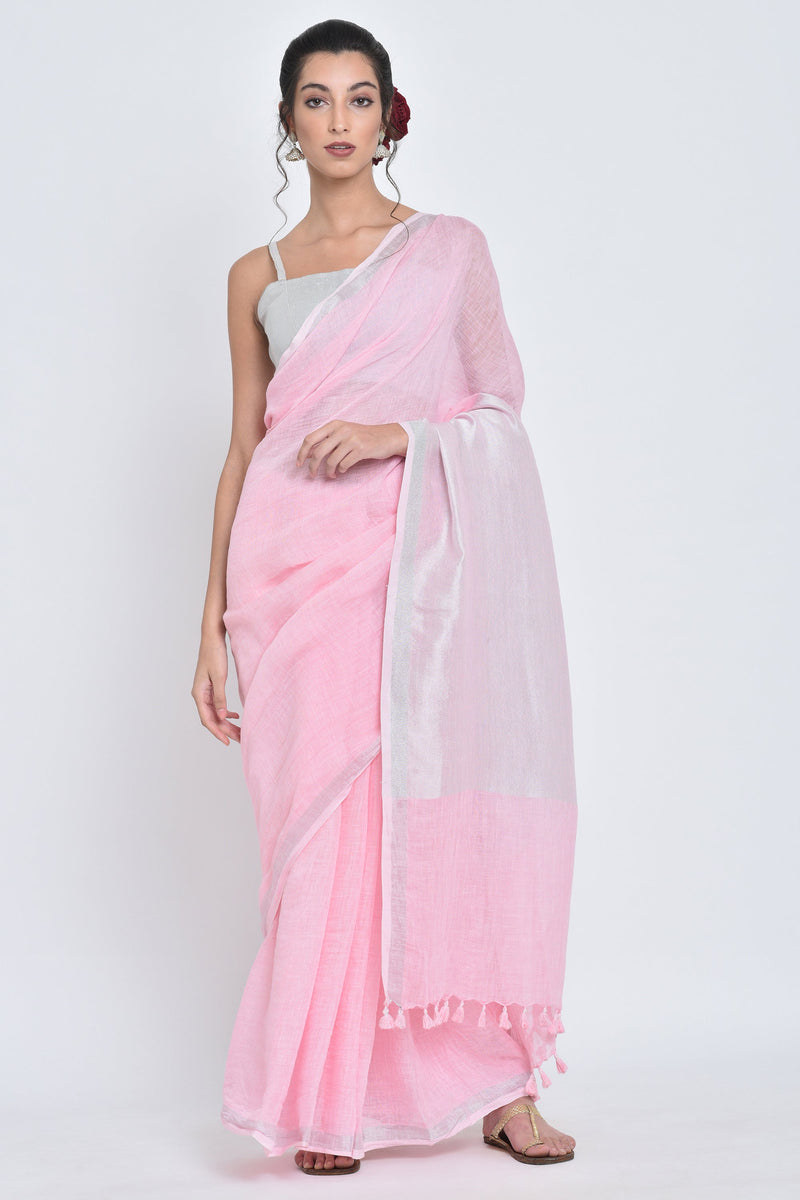 Savni I Handwoven Pink Linen Sari - kavana.in