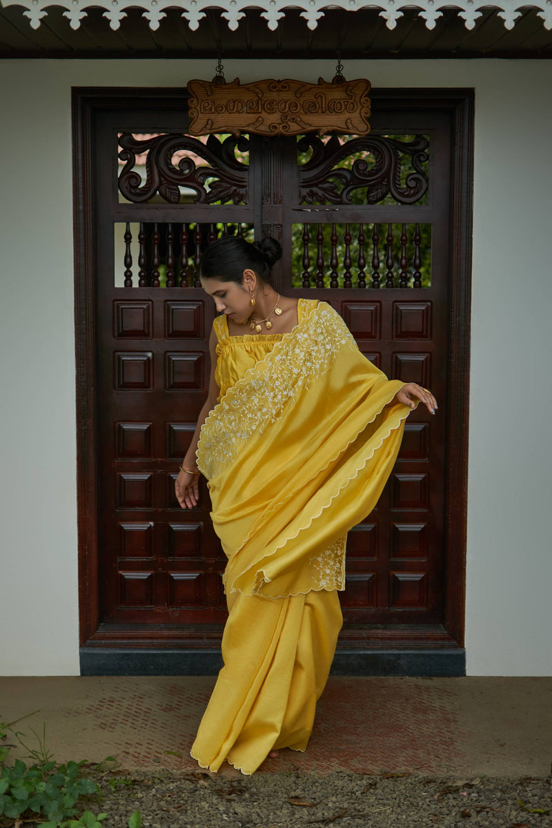 Anise │Yellow handwoven chanderi sari - kavana.in