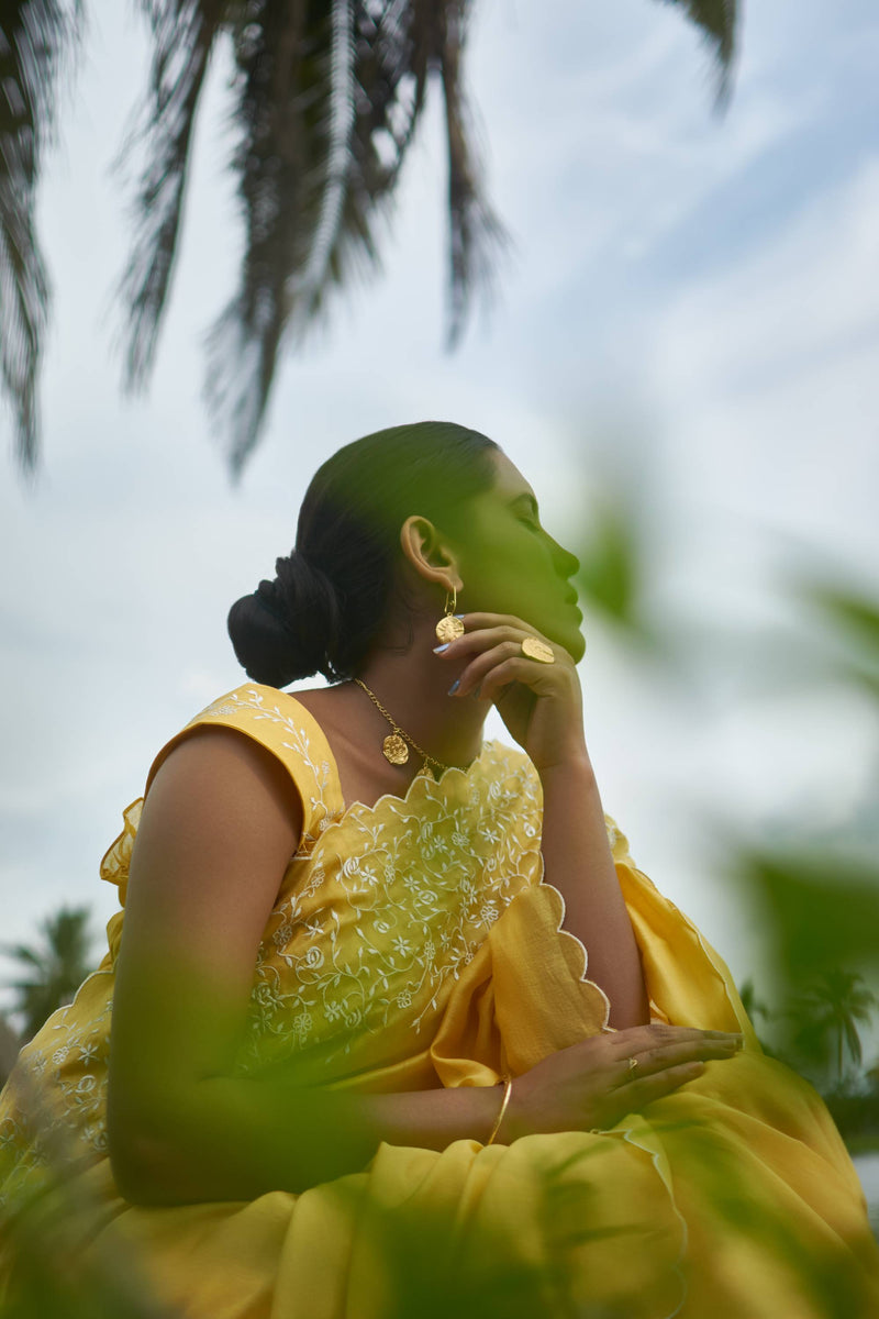 Anise │Yellow handwoven chanderi sari - kavana.in