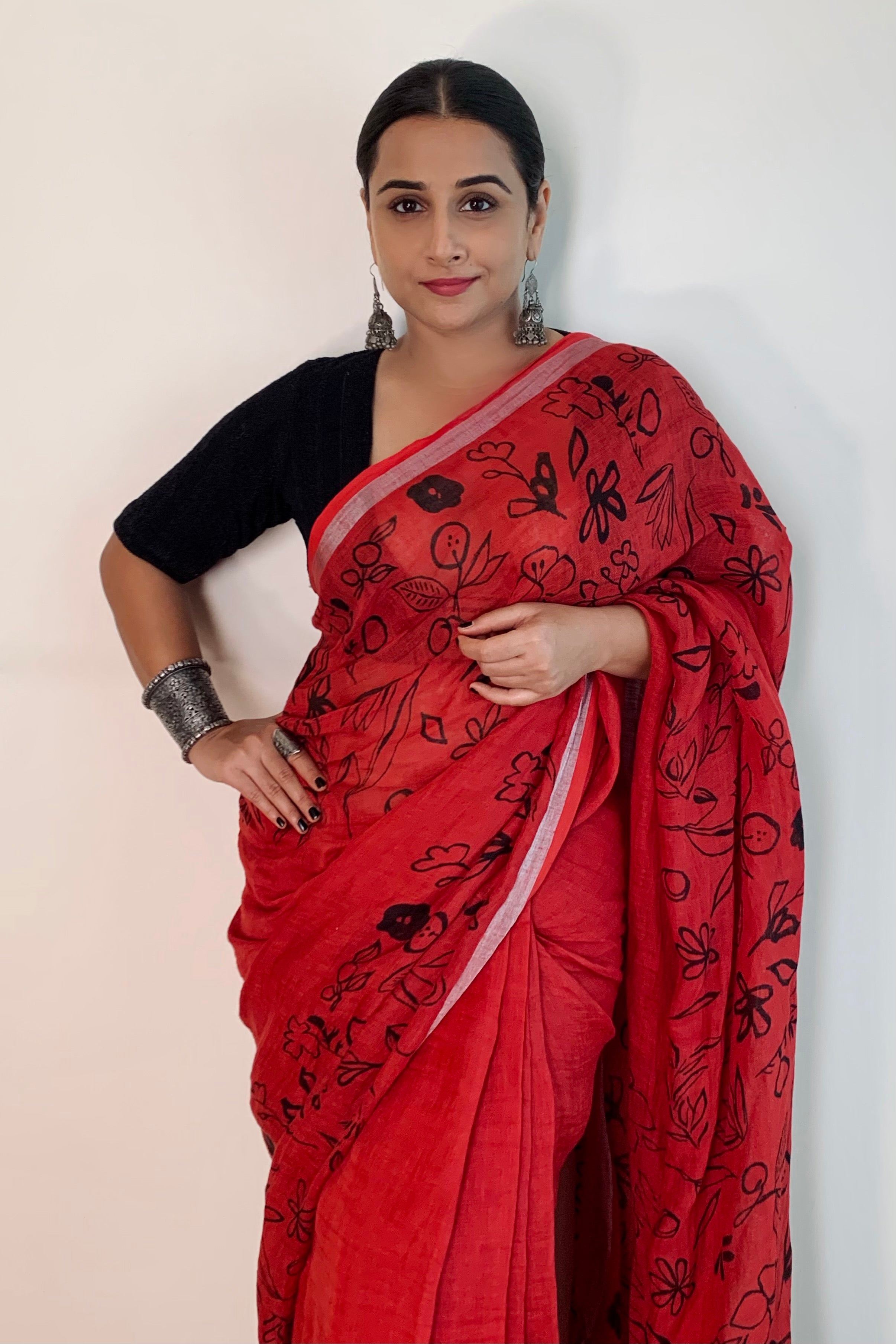 Gulmohar I Handpainted Linen Sari - kavana.in