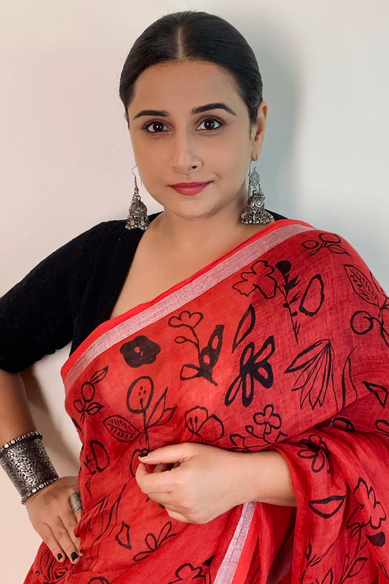 Gulmohar I Handpainted Linen Sari - kavana.in