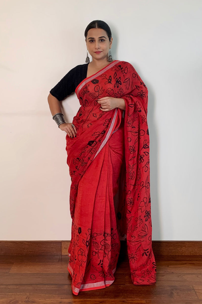 Gulmohar I Handpainted Linen Sari - kavana.in